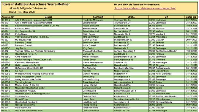 Neuer Stand der Liste Kreisinstallatuer Ausschuss 2026 - Klick hier - oder Menuepunkt Start - um die Liste zu sehen